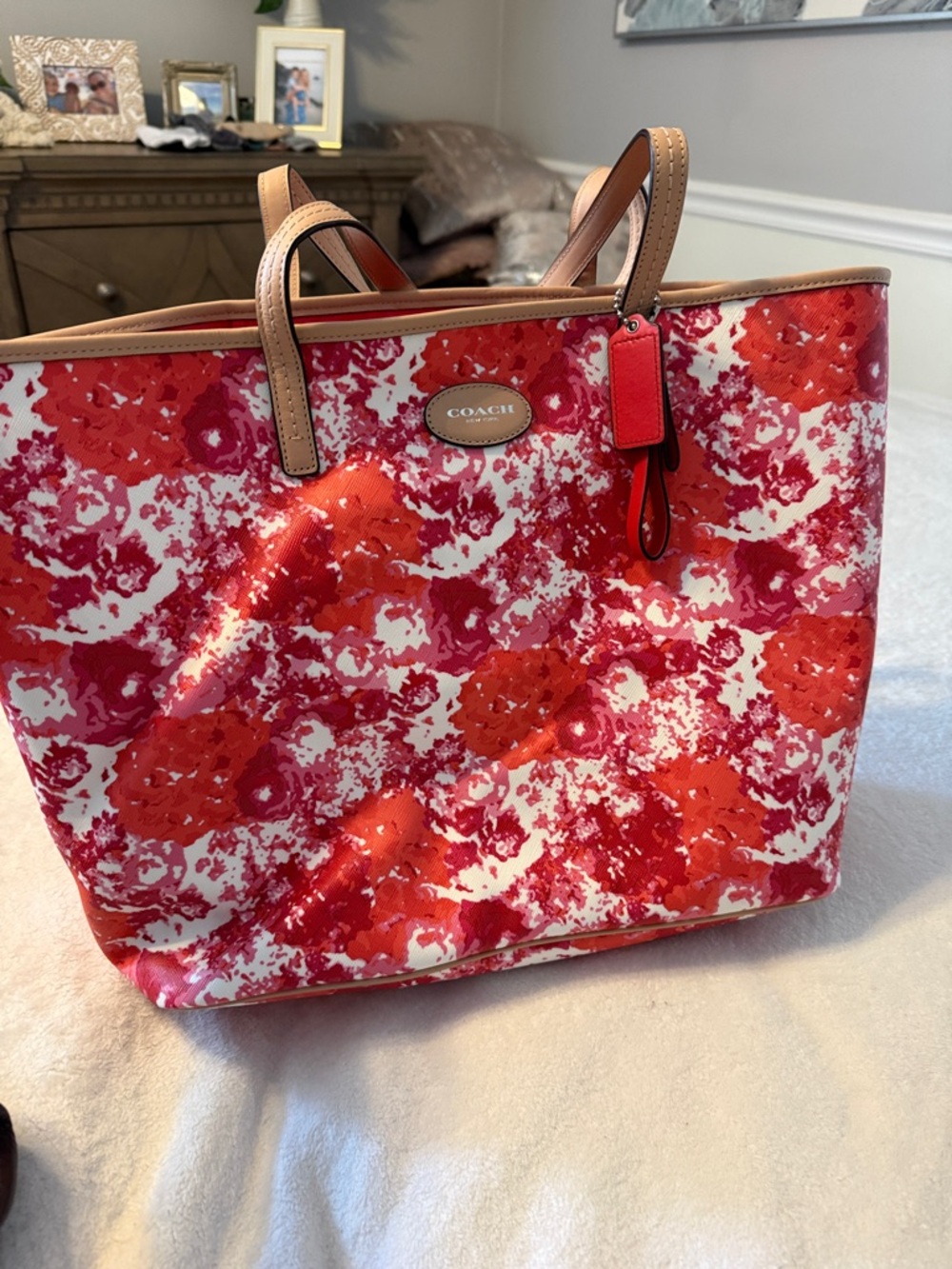 Coach Red and White Floral Print Tote with Tan Trim